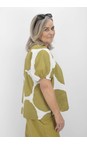 Tirelli Chartreuse / White Spot Chartreuse And White Print V Neck Bishop Sleeve Poplin Top  