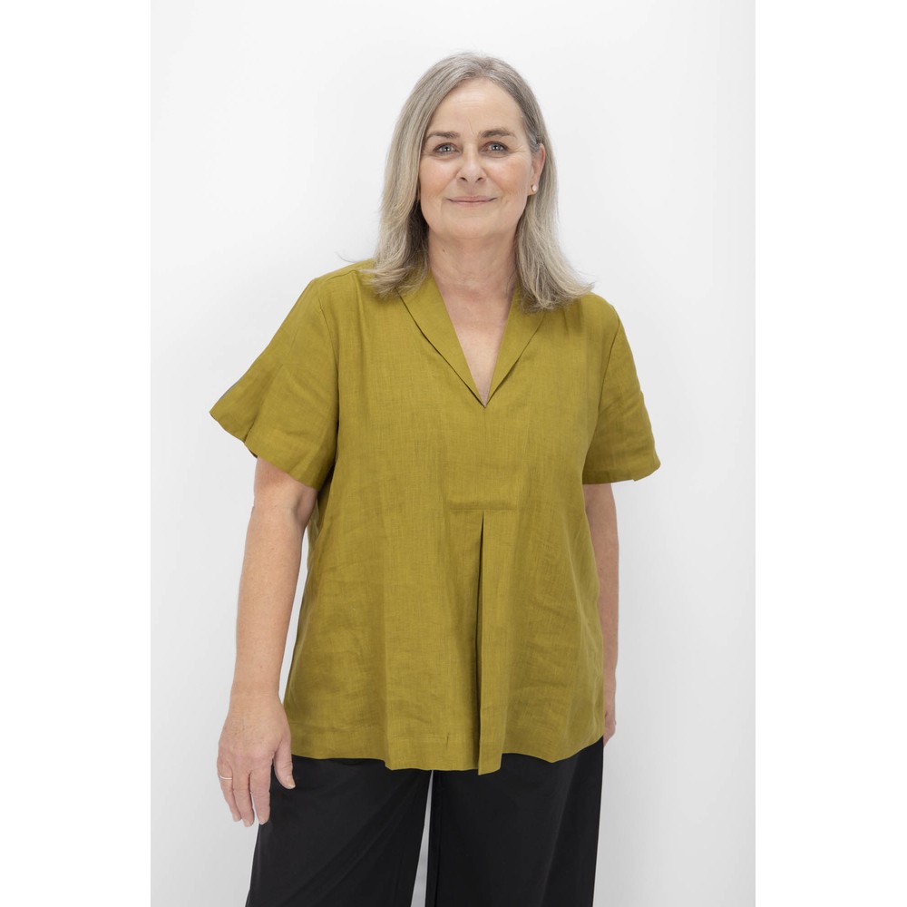 Tirelli Chartreuse Shawl Collar Pleat Woven Top Chartreuse