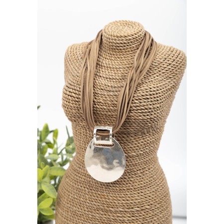 Eliza Gracious Beaten Disc Beige Suede Strand Necklace - Beige