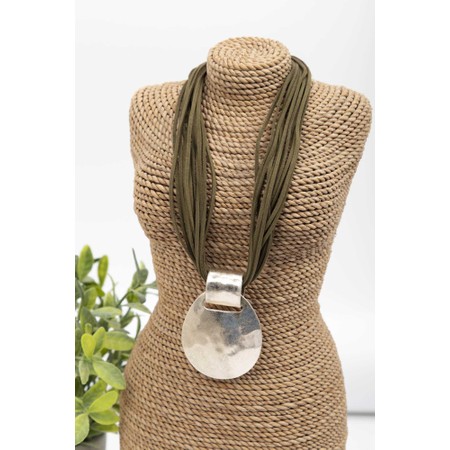 Eliza Gracious Beaten Disc Green Suede Strand Necklace - Green