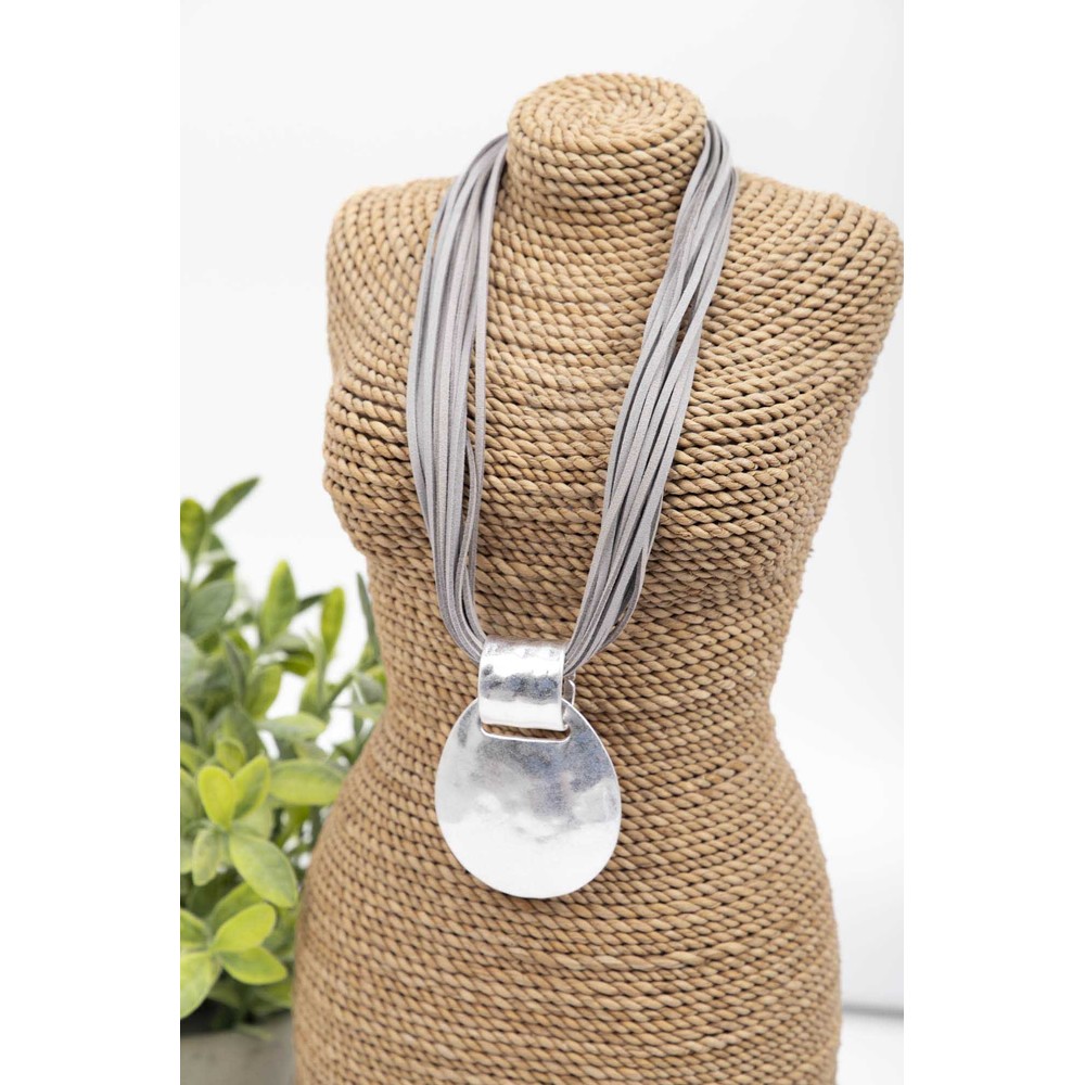 Eliza Gracious Beaten Disc Grey Suede Strand Necklace Grey