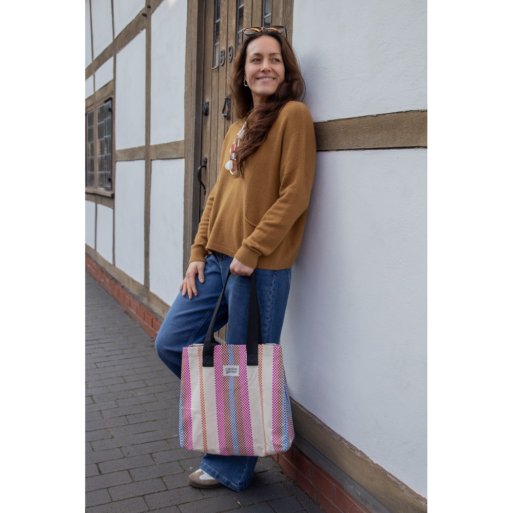Caroline Gardner Checkerboard Stripe Large Cotton Canvas Tote Bag Multi
