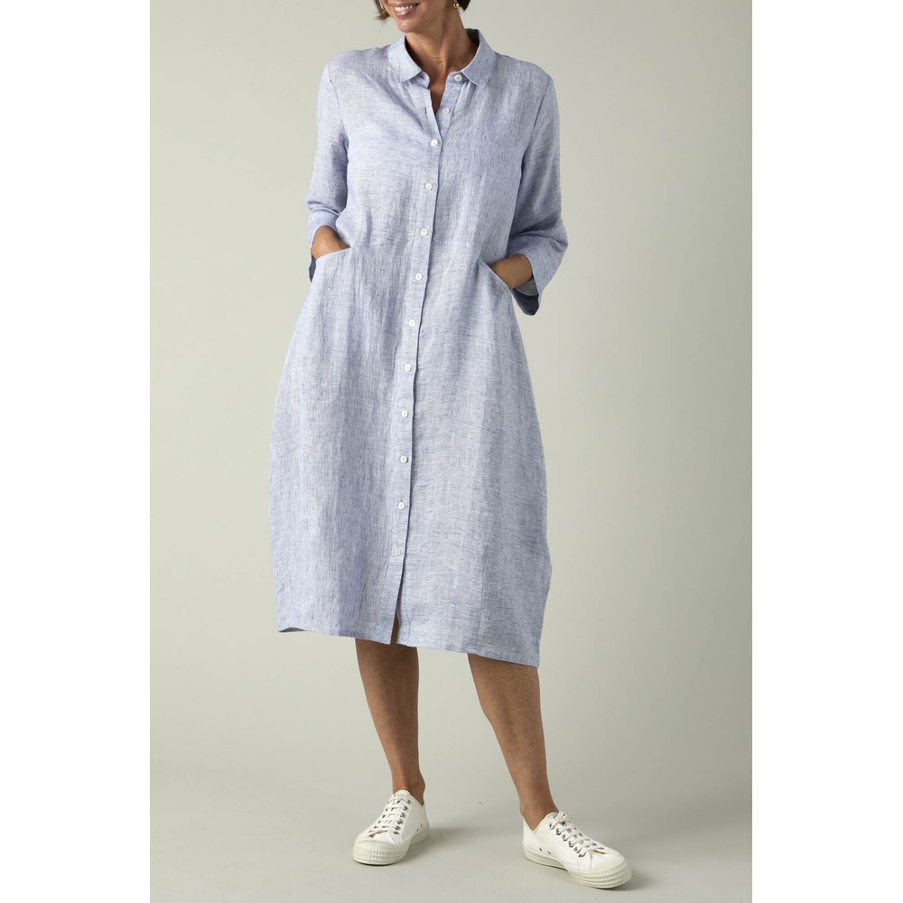 Sahara Linen Ticking Stripe Shirt Dress Blueberry / White
