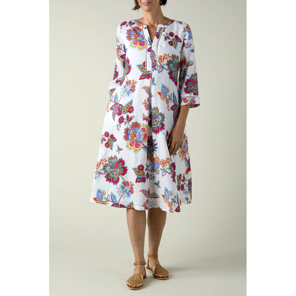 Sahara Botanical Floral Linen Flare Dress White / Multi
