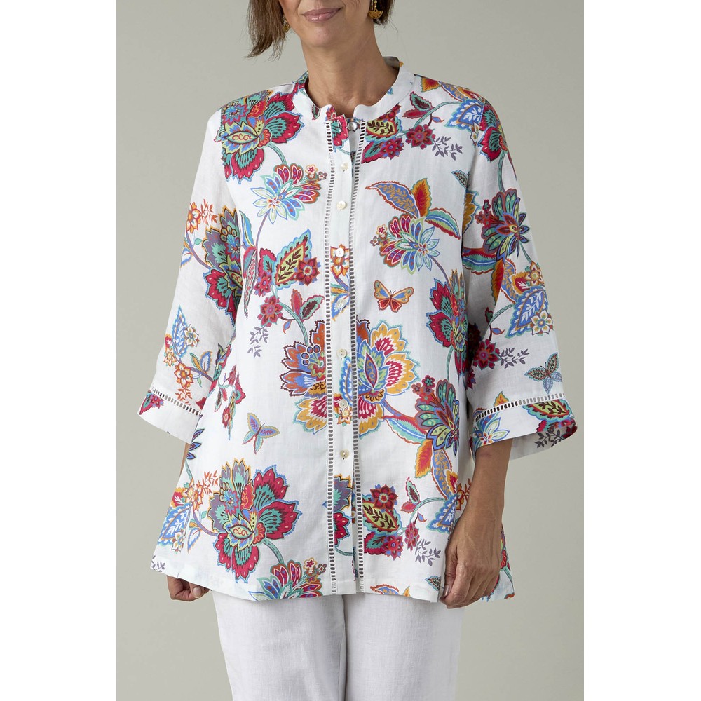 Sahara Botanical Floral Linen Flare Shirt White / Multi