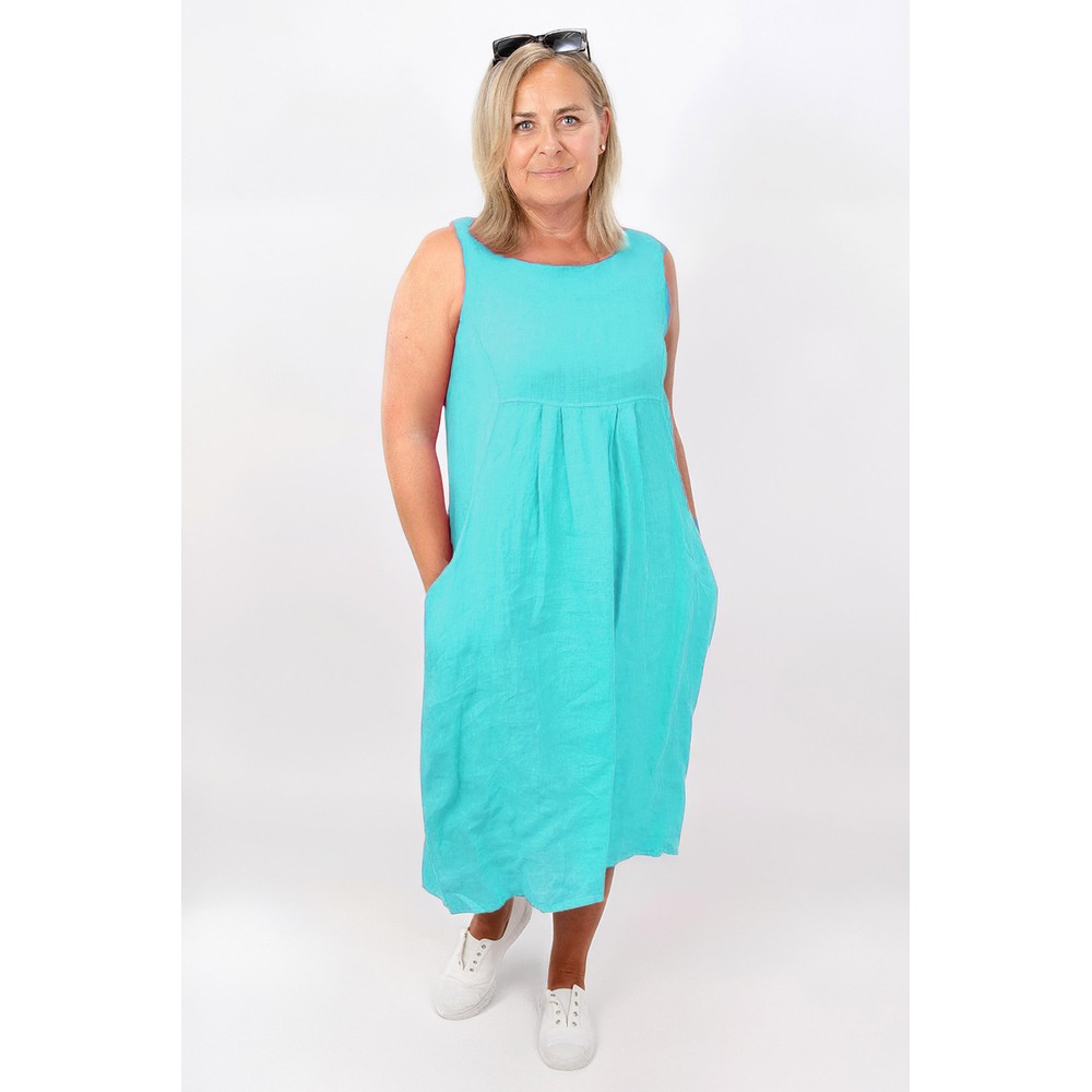 Amazing Woman Nerida Turquoise Scoop Neck Linen Dress Turquoise