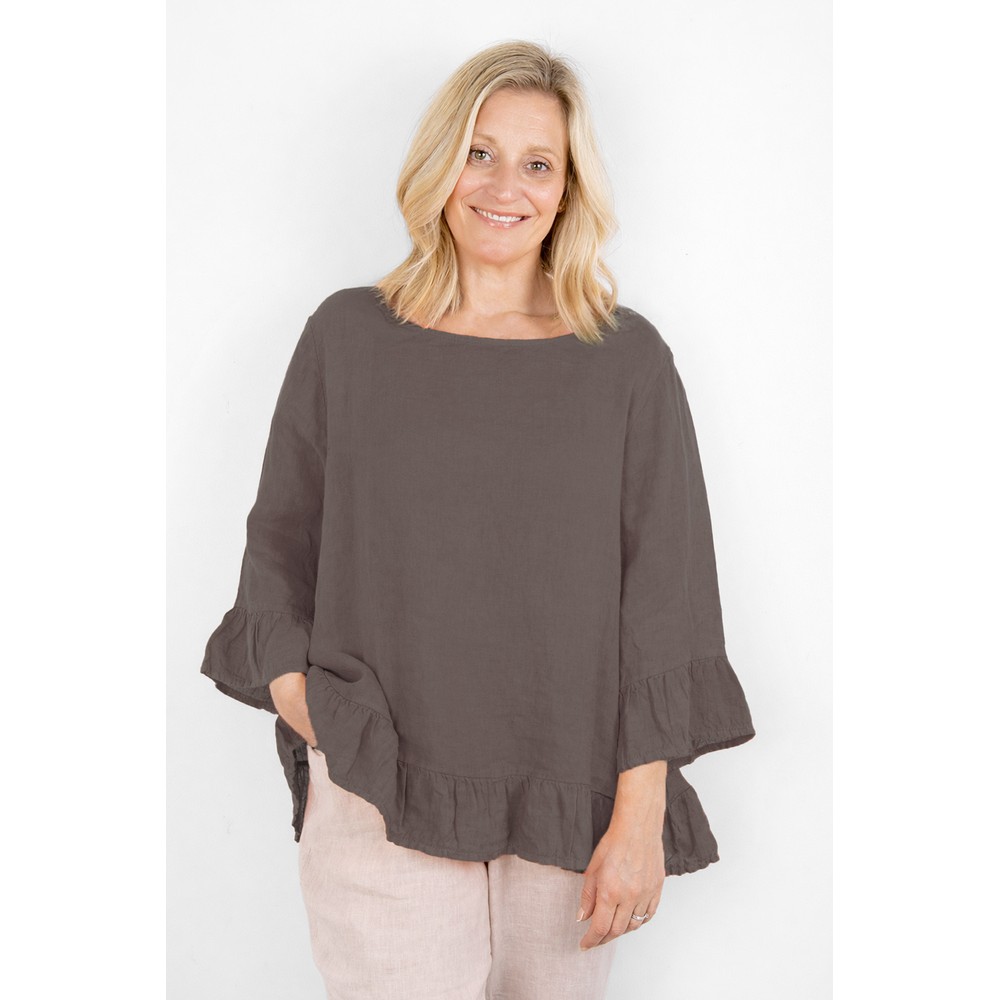 Amazing Woman Julia Dark Mud Linen Frill Top Dark Mud