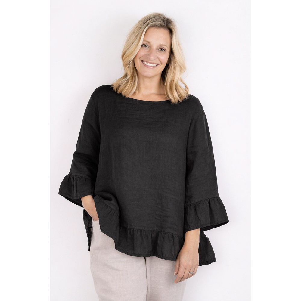 Amazing Woman Julia Black Linen Frill Top Black 