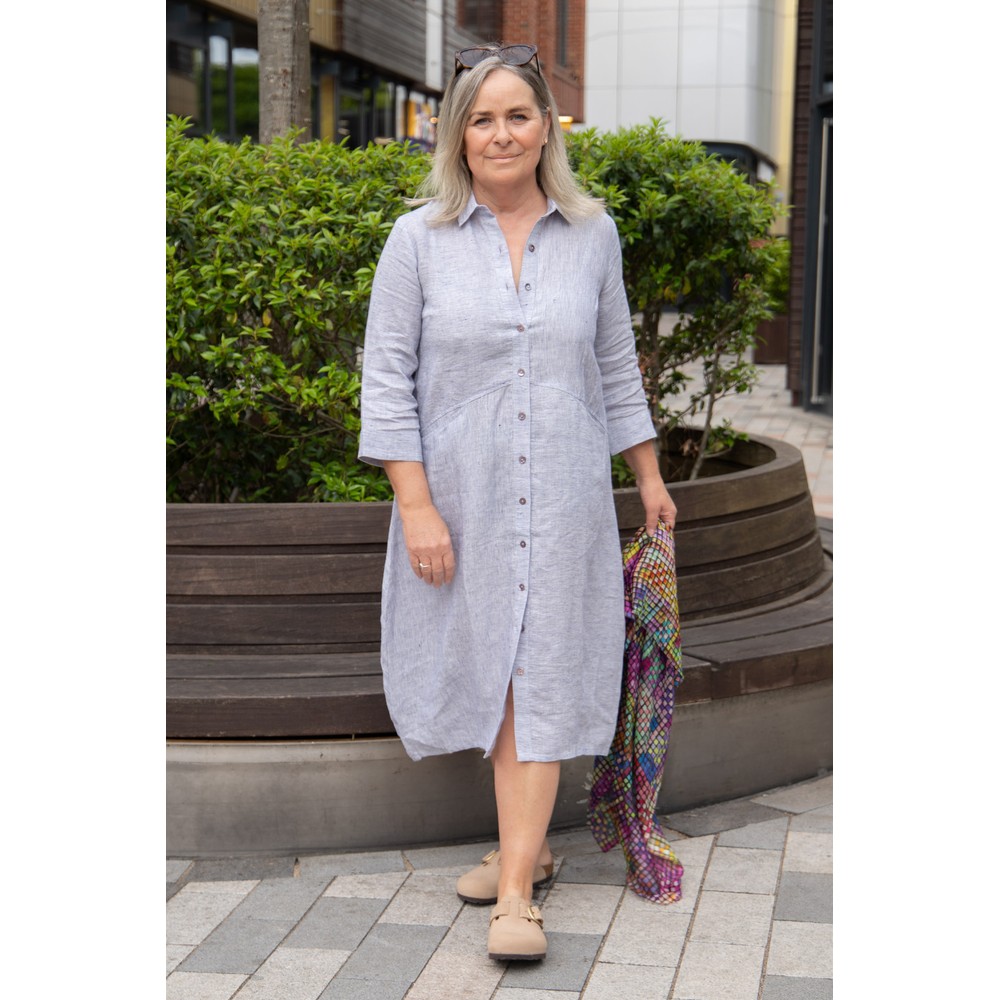 Sahara Linen Ticking Stripe Shirt Dress Blueberry / White