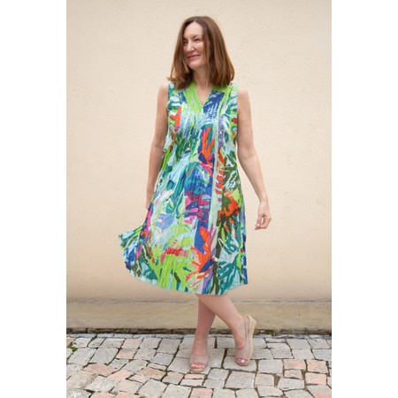 Orientique Leaves Blue Print Pleated Dress - Multicoloured