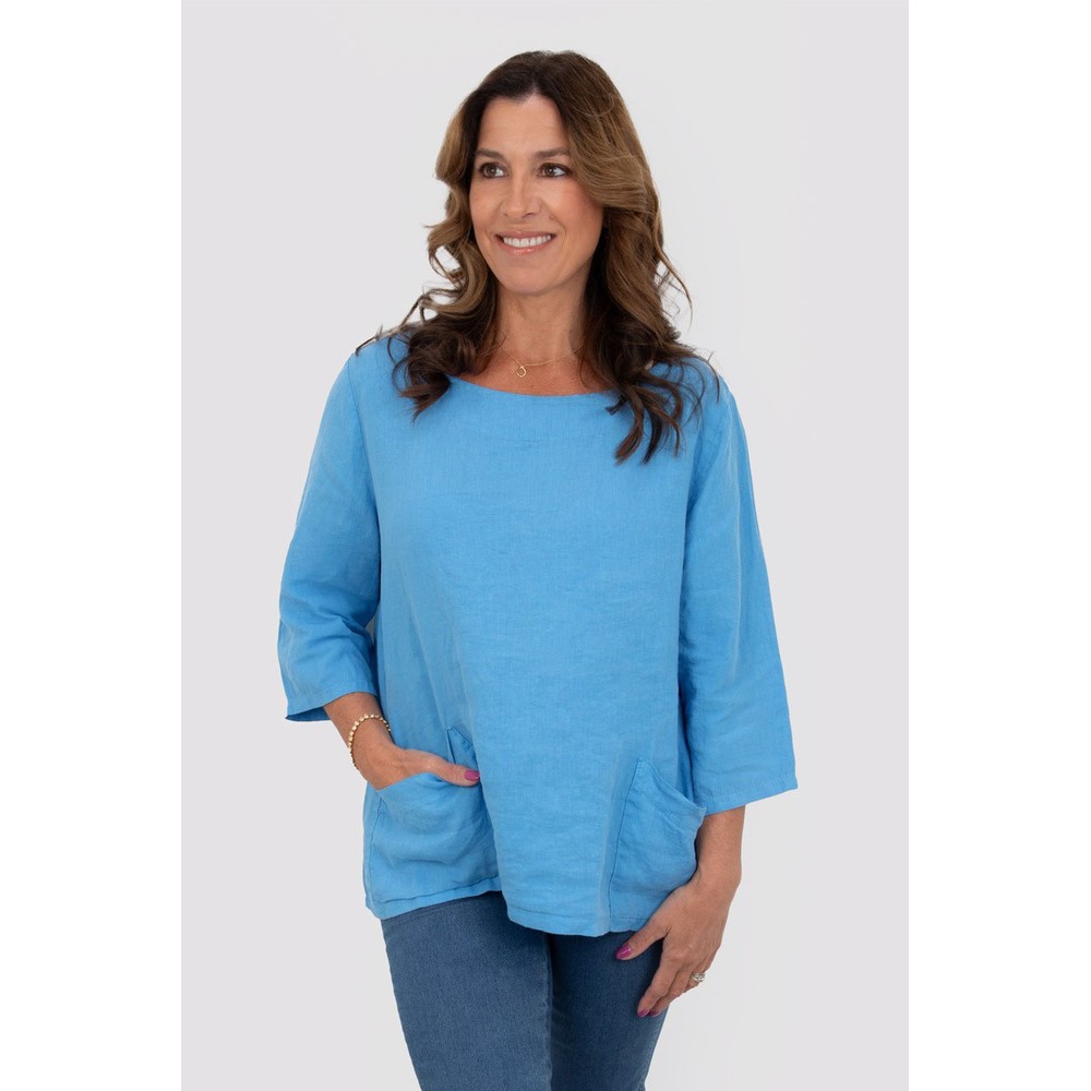 Amazing Woman Edie Blue 2 Pocket Linen Top Blue