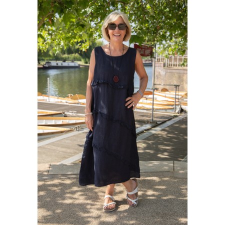 Amazing Woman Nina Navy Linen Frill Midi Dress - Blue