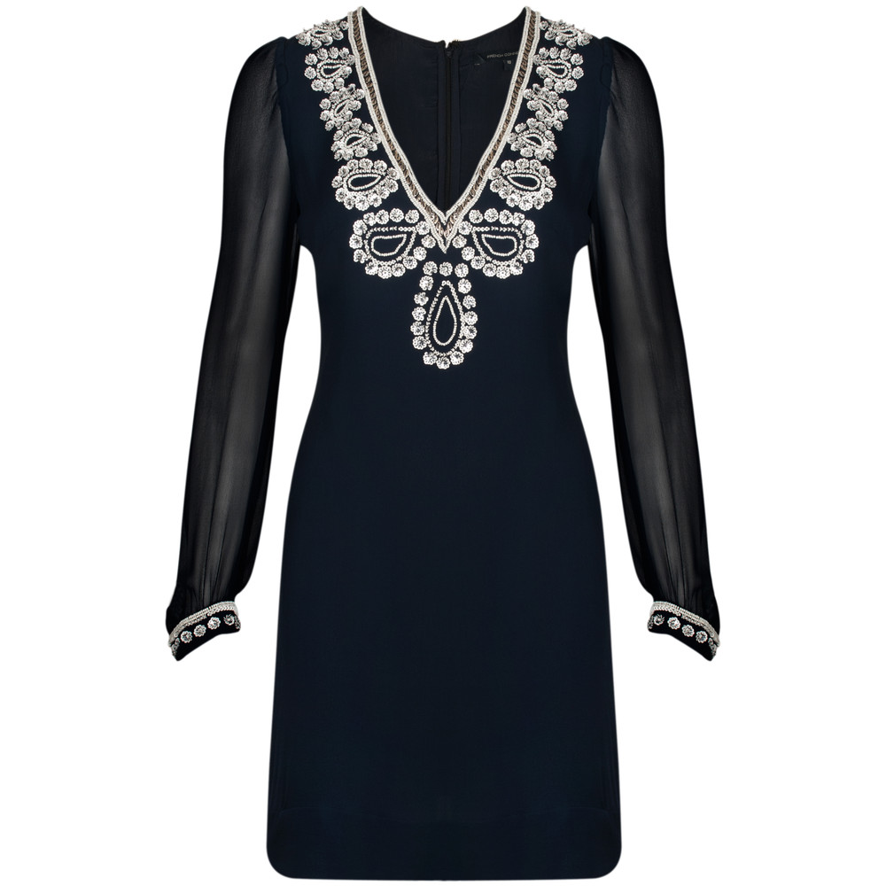 French Connection Bex Beads Long Sleeve V Neck Tunic Dress in Nocturnal