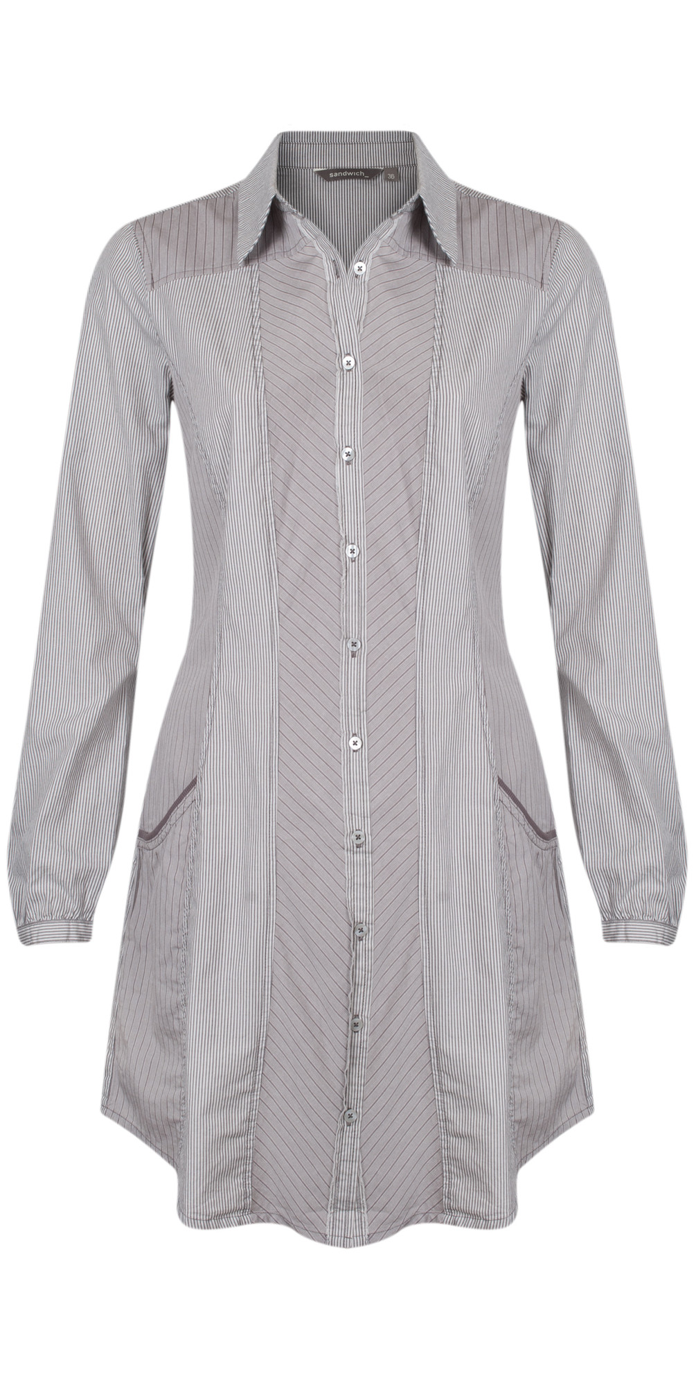 Sandwich Clothing Long Cotton Lawn Stripe Blouse in Taupe