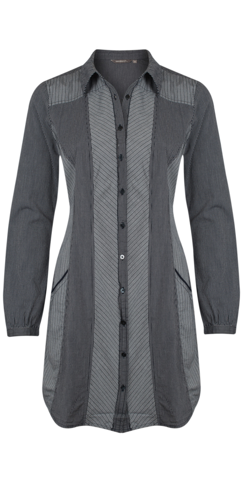 Sandwich Clothing Long Cotton Lawn Stripe Blouse in Dark Navy