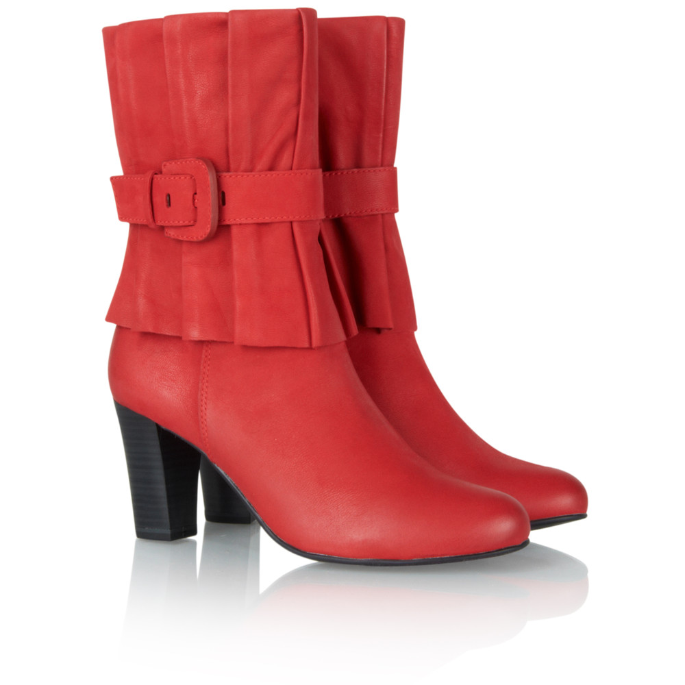 Caprice Footwear Mid Calf Leather Buckle Pleat Boot in Red